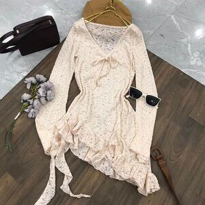 Cream Lace Wrap Tie Front Ruffle Hem Romantic Floral Top